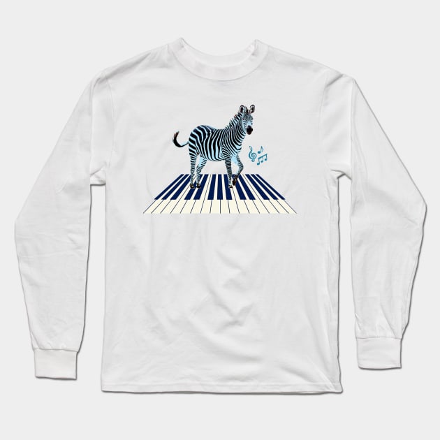 Zebra in Blue on Keyboard with Music Notes Long Sleeve T-Shirt by scotch